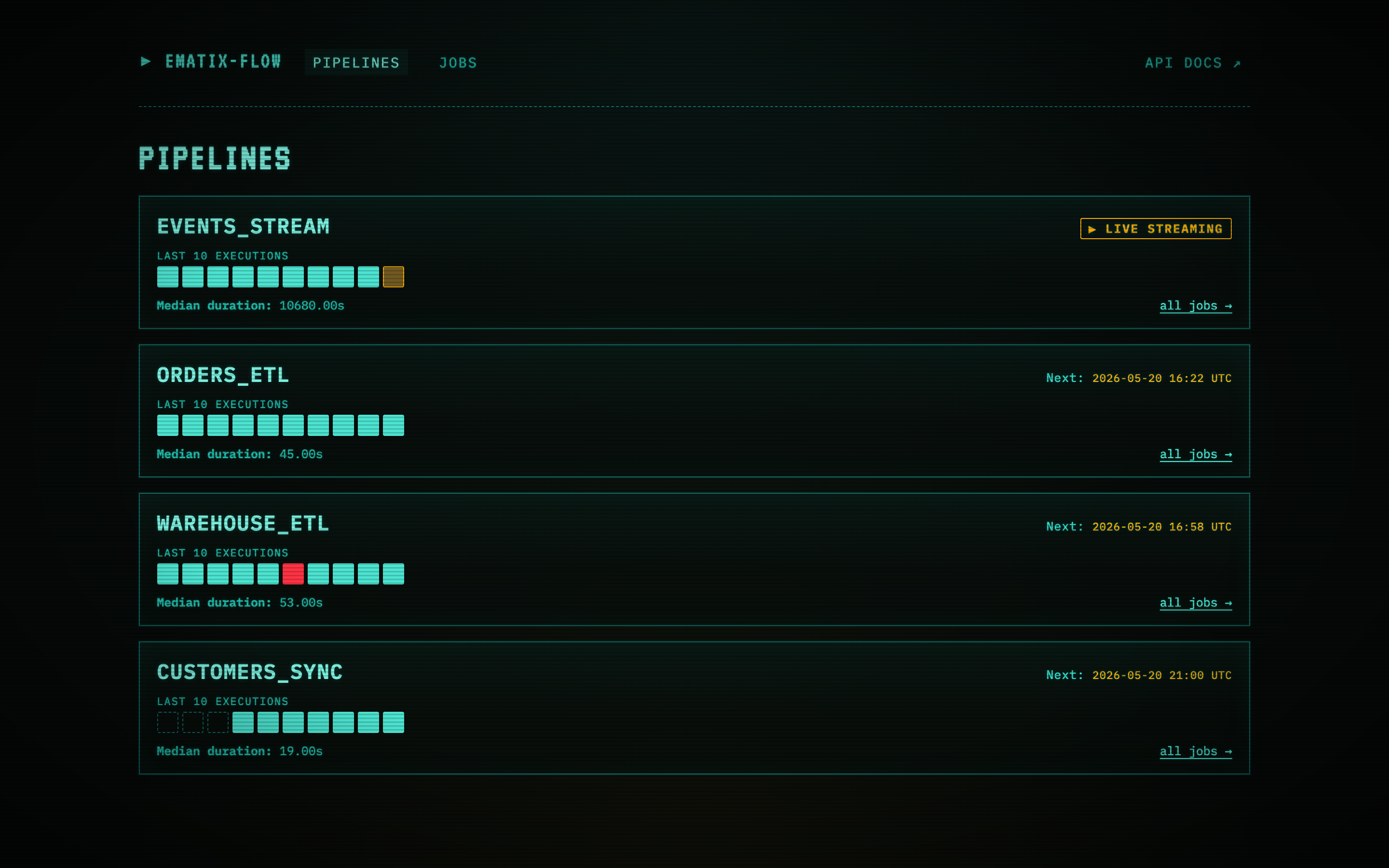 Pipelines view — each pipeline with last-10 strip + next-run / LIVE STREAMING indicator