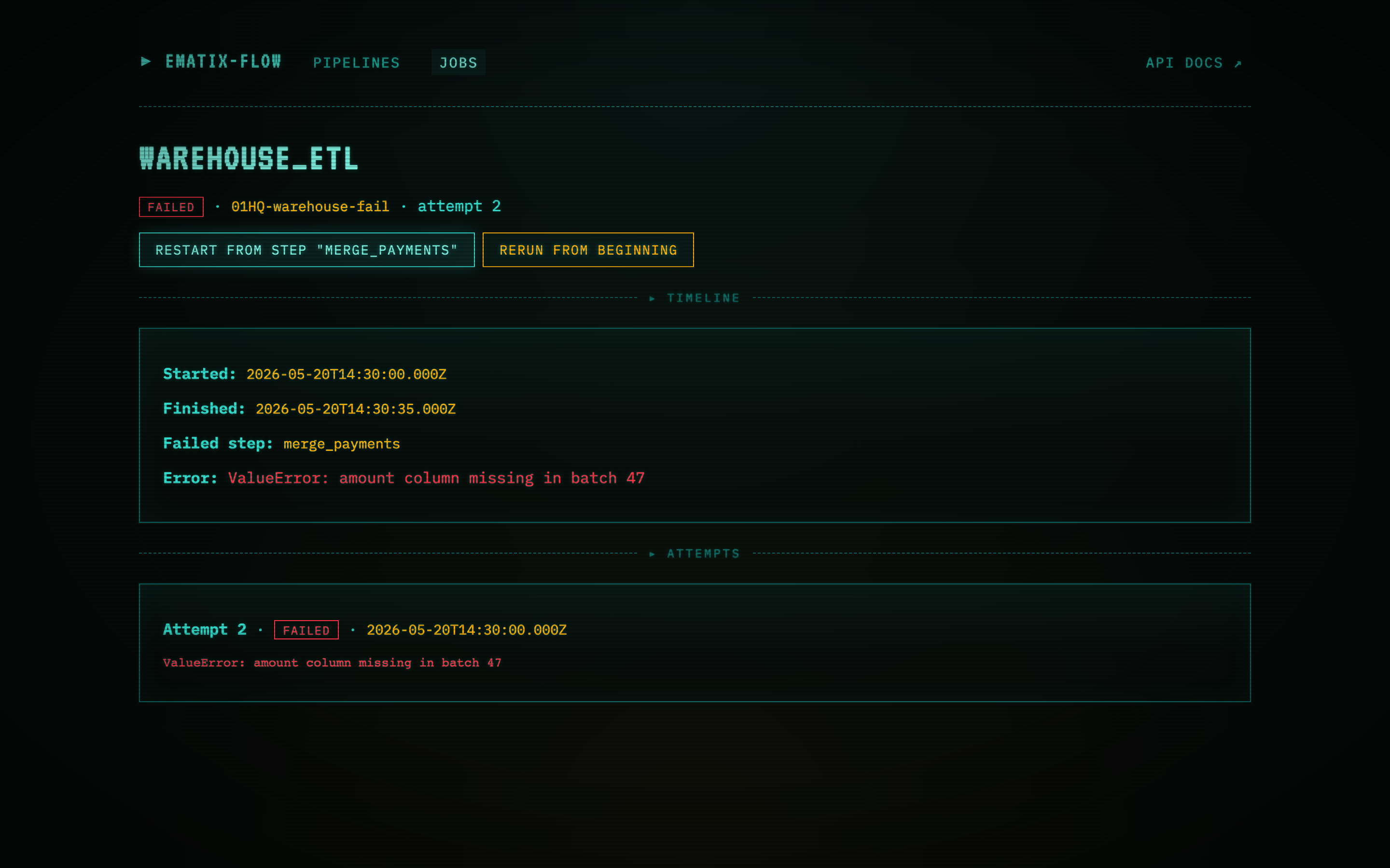 warehouse_etl detail — Restart from step button hovered, error message visible